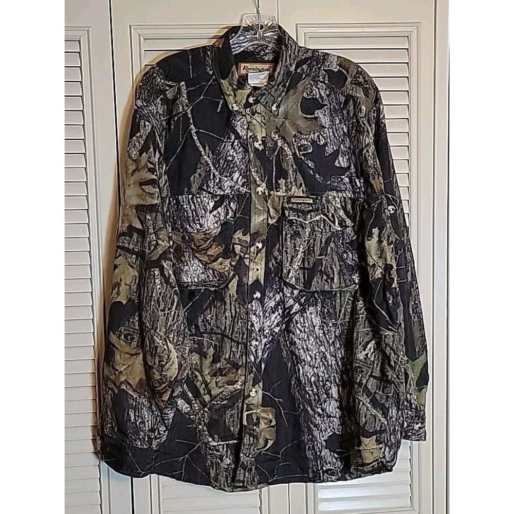 Remington Camouflage Shirt Mens Sz Large ~Mossy Oak Camo Hunting ~Button Up ~EUC